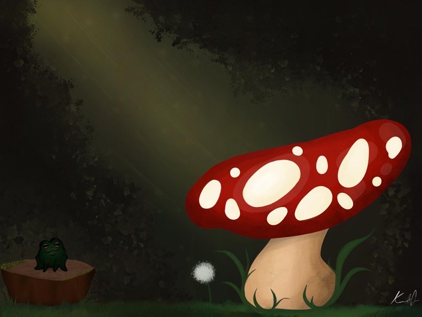 Forest themed art work features a red spotted mushroom and a friendly looking toad